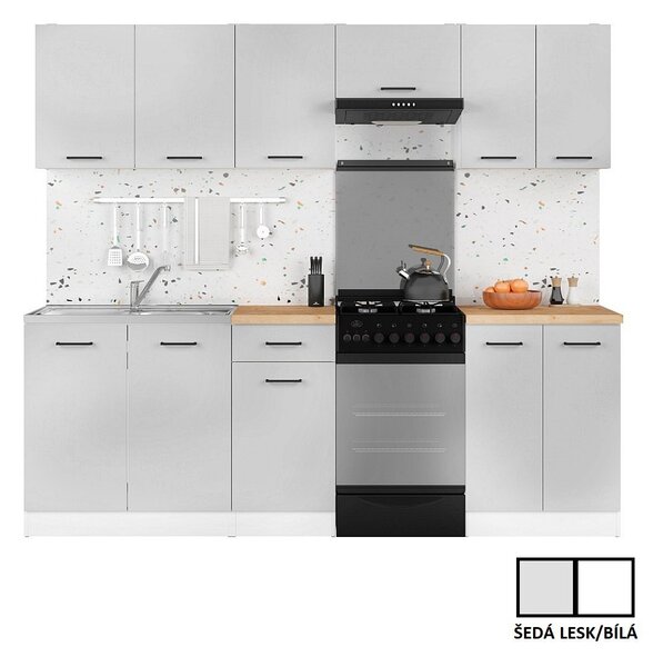 Kuchyň JUNONA MODUL VERZE2 BBL TAFLA 230 cm, bílá/světle šedý lesk