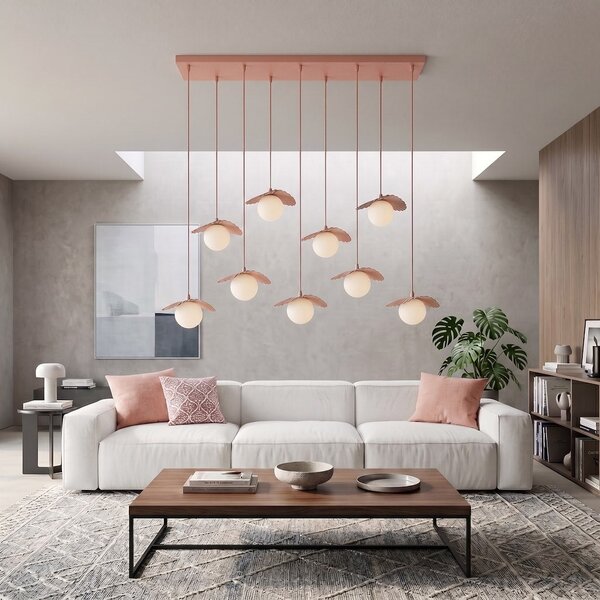 Závěsné svítidlo FLORA 9 – korálové, bílé sklo, 9× G9, šířka 116 cm