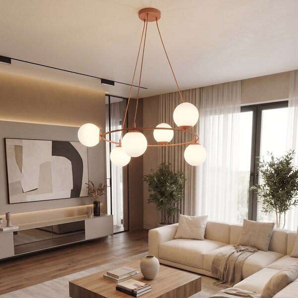 Závěsné svítidlo AZURA 6 – korálové, opálové sklo, 6× E14, šířka 75 cm