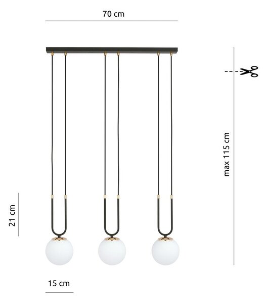 Závěsné svítidlo GLAM 3 – černé, opálové sklo, 3× E14, šířka 70 cm