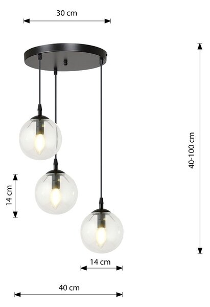 Závěsné svítidlo COSMO 3 PREM – černé, čiré sklo, 3× E14, šířka 40 cm