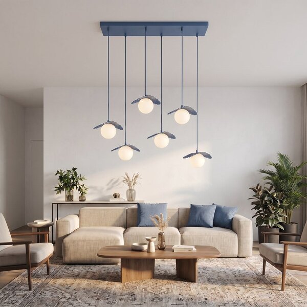 Závěsné svítidlo FLORA 6 – tlumeně modré, bílé sklo, 6× G9, šířka 98 cm