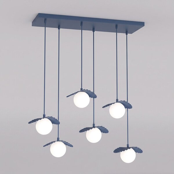 Závěsné svítidlo FLORA 6 – tlumeně modré, bílé sklo, 6× G9, šířka 98 cm