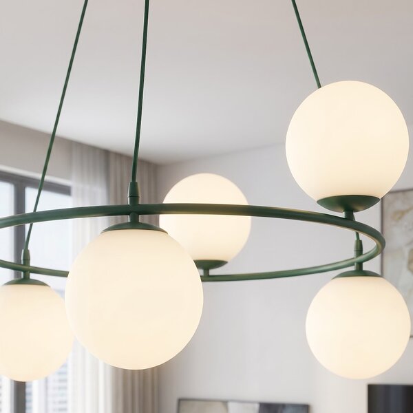 Závěsné svítidlo AZURA 6 – olivově zelené, opálové sklo, 6× E14, šířka 75 cm