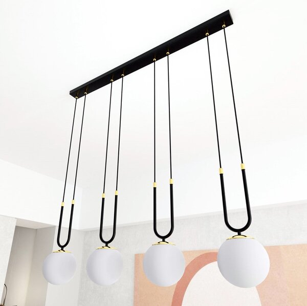 Závěsné svítidlo GLAM 4 – černé, opálové sklo, 4× E14, šířka 92 cm