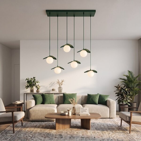 Závěsné svítidlo FLORA 6 – olivově zelené, bílé sklo, 6× G9, šířka 98 cm