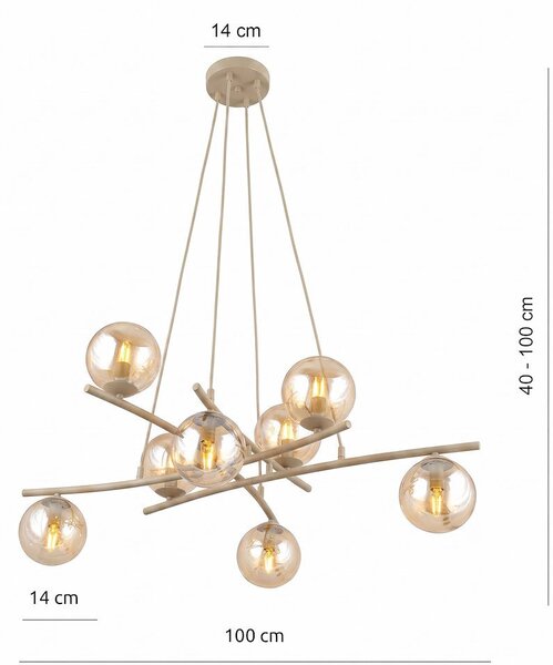 Závěsné svítidlo ESSA 8 – moka, jantarové sklo, 8× E14, šířka 100 cm
