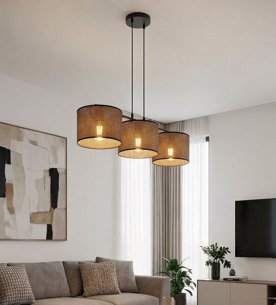 Závěsné svítidlo ECO 3 – černé, hnědá textilní stínidla, 3× E27, šířka 70 cm