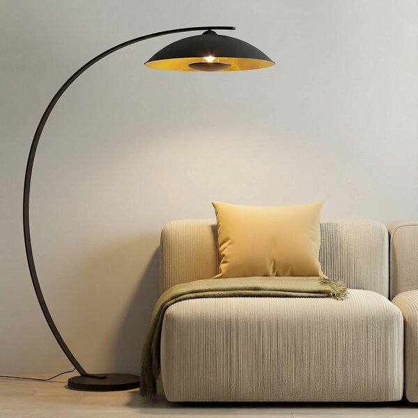 Lindby oblouková lampa Emilienne, černá, zlatá barva, 180 cm, Černá, Obývací pokoj / jídelna, kov, Moderní