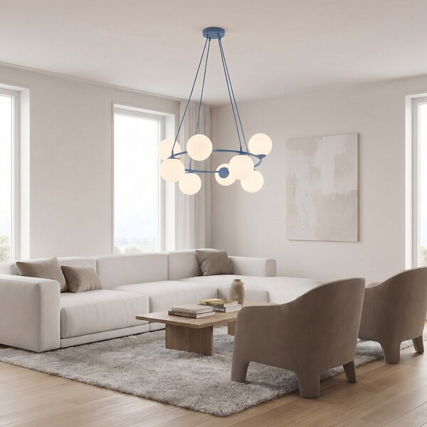 Závěsné svítidlo AZURA 8 – tlumeně modré, opálové sklo, 8× E14, šířka 86 cm