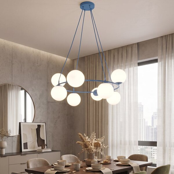 Závěsné svítidlo AZURA 8 – tlumeně modré, opálové sklo, 8× E14, šířka 86 cm