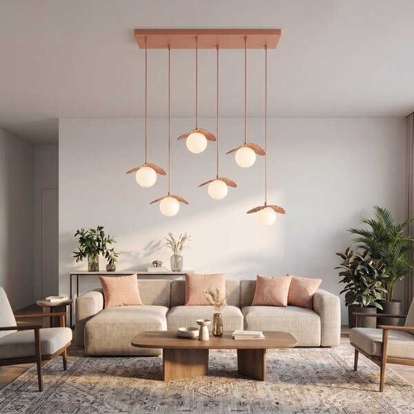 Závěsné svítidlo FLORA 6 – korálové, bílé sklo, 6× G9, šířka 98 cm