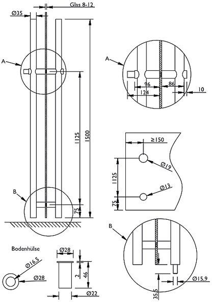 ZAMYKACÍ MADLO TWIN KULATÉ H 8000 - 1500/1125mm (E) - pár, pár na skleněné dveře, Twin E (nerez matná)