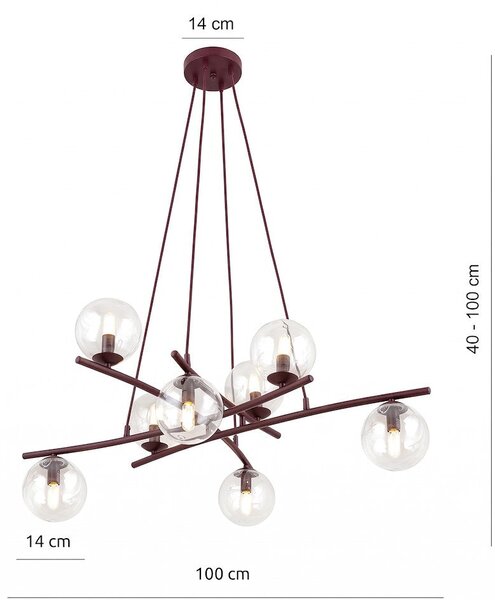 Závěsné svítidlo ESSA 8 – vínové, čiré sklo, 8× E14, šířka 100 cm