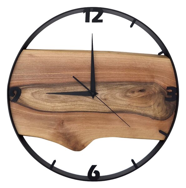 Dřevěné hodiny -45cm, přírodní dřevo - ořech, černý kovový rám 45B17