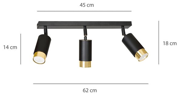 Stropní svítidlo HIRO 3 – černé / zlaté, 3× GU10, šířka 62 cm