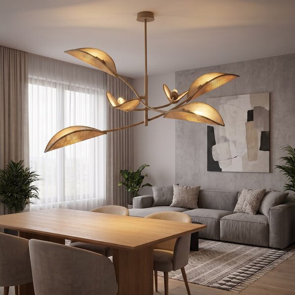 Stropní svítidlo LOTUS 6 – béžové, ratanová textilní stínidla, 6× E14, šířka 102 cm