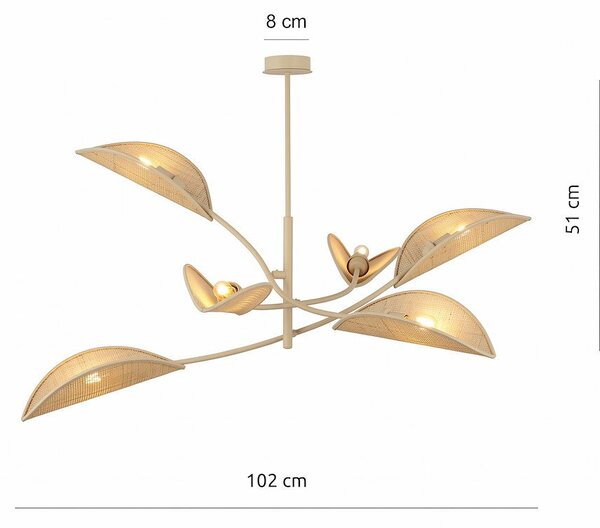 Stropní svítidlo LOTUS 6 – béžové, ratanová textilní stínidla, 6× E14, šířka 102 cm