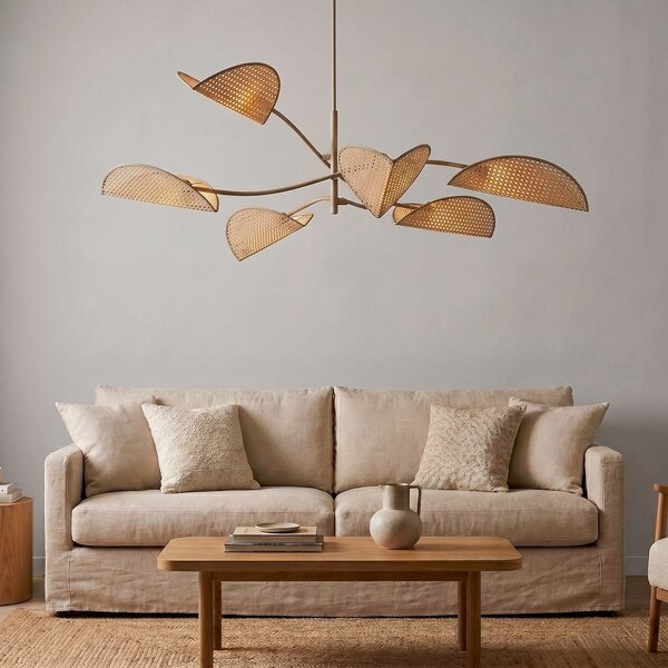 Stropní svítidlo LOTUS 6 – béžové, ratanová textilní stínidla, 6× E14, šířka 102 cm