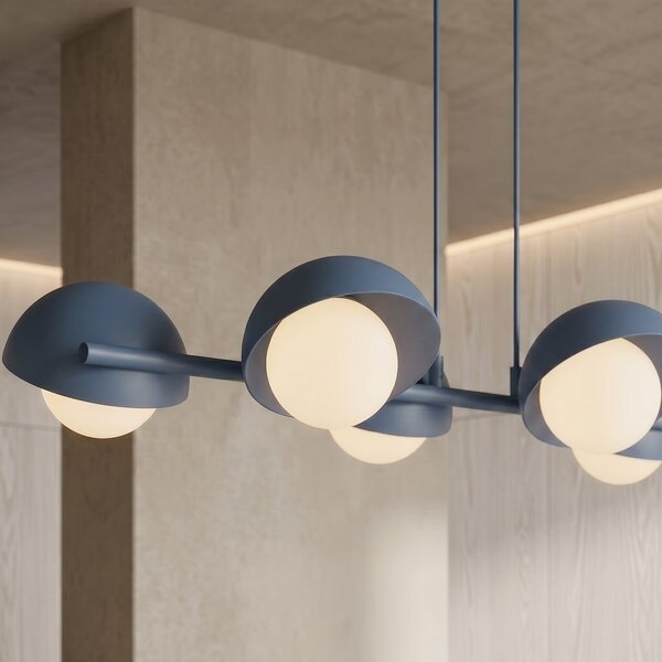 Závěsné svítidlo BOOM 6 – tlumeně modré, bílé sklo, 6× G9, šířka 88 cm