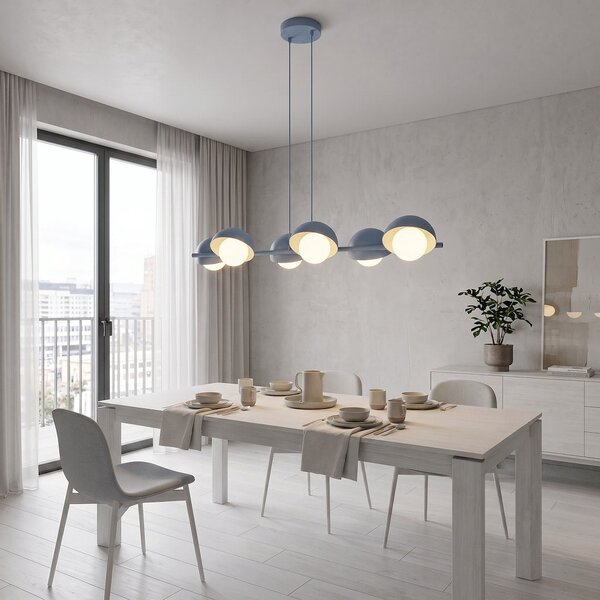 Závěsné svítidlo BOOM 6 – tlumeně modré, bílé sklo, 6× G9, šířka 88 cm
