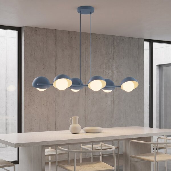 Závěsné svítidlo BOOM 6 – tlumeně modré, bílé sklo, 6× G9, šířka 88 cm