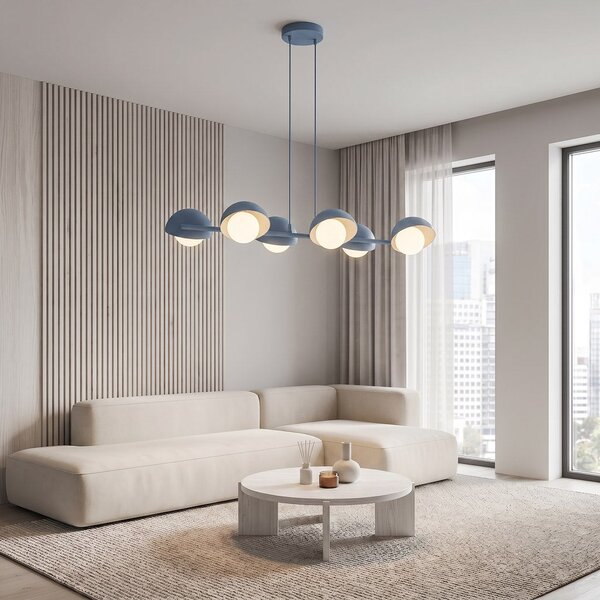 Závěsné svítidlo BOOM 6 – tlumeně modré, bílé sklo, 6× G9, šířka 88 cm