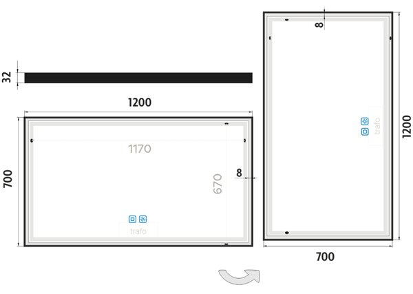 Nimco Černé LED zrcadlo 55W, 120x70 cm se dvěma dotykovými senzory
