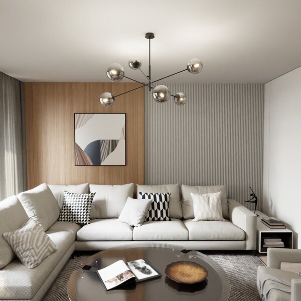 Závěsné svítidlo LINEAR 6 – černé, grafitové sklo, 6× E14, šířka 102 cm