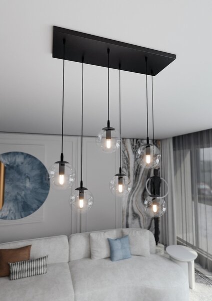 Závěsné svítidlo COSMO 6 – černé, čiré sklo, 6× E14, šířka 81 cm