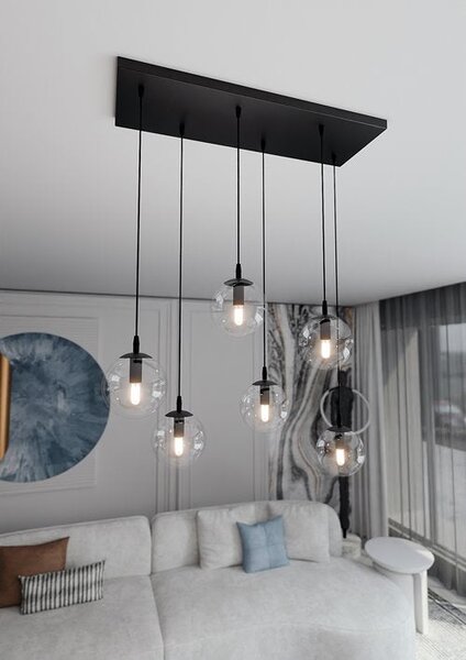 Závěsné svítidlo COSMO 6 – černé, čiré sklo, 6× E14, šířka 81 cm