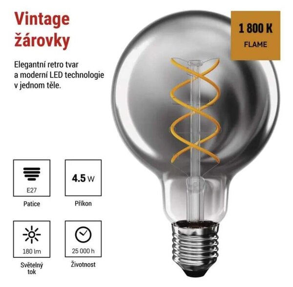 Emos Z52311 DECO SMOKE BULB - Retro LED žárovka E27 G95 s kouřovým sklem, 4,5W, 1800K (LED žárovka Edison do retro a rustikálních svítidel)