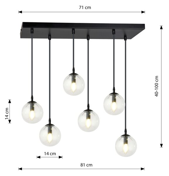 Závěsné svítidlo COSMO 6 – černé, čiré sklo, 6× E14, šířka 81 cm