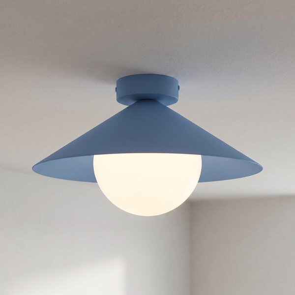 Stropní svítidlo MONO 1S – tlumeně modré, bílé sklo, 1× E14, šířka 31 cm