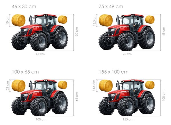 Červený traktor textilní přelepitelná samolepka na zeď arch 46 x 30 cm