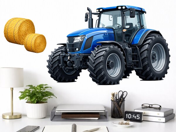 Modrý traktor textilní přelepitelná samolepka na zeď arch 46 x 30 cm