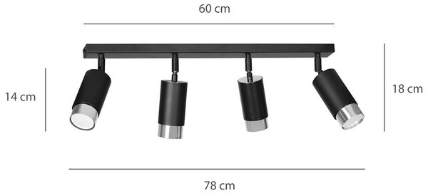 Stropní svítidlo HIRO 4 – černé / chromové, 4× GU10, šířka 78 cm