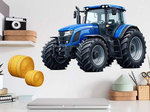 Modrý traktor textilní přelepitelná samolepka na zeď arch 46 x 30 cm
