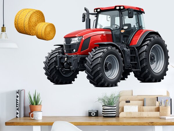 Červený traktor textilní přelepitelná samolepka na zeď arch 46 x 30 cm
