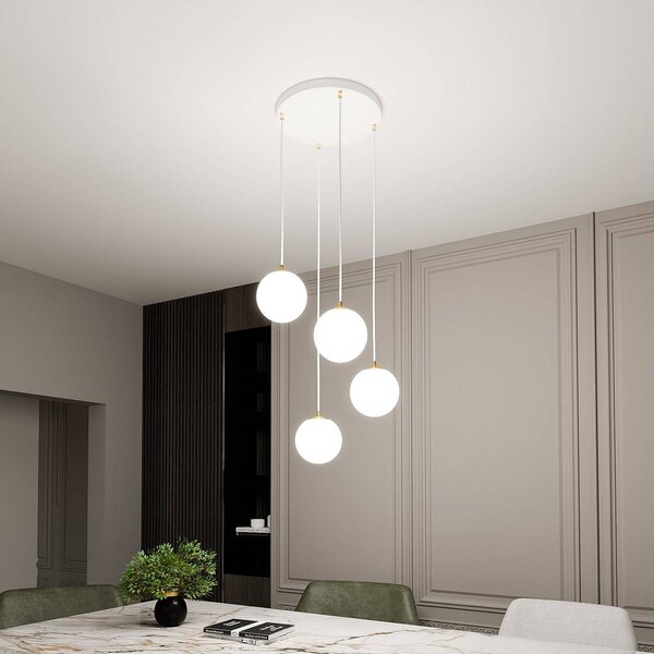 EMIBIG LIGHTING Závěsné světlo Royal, 4-ramenné, opálově bílé/bílé, sklo, E14, stmívatelný, Bílá / opál, Obývací pokoj / jídelna, Moderní