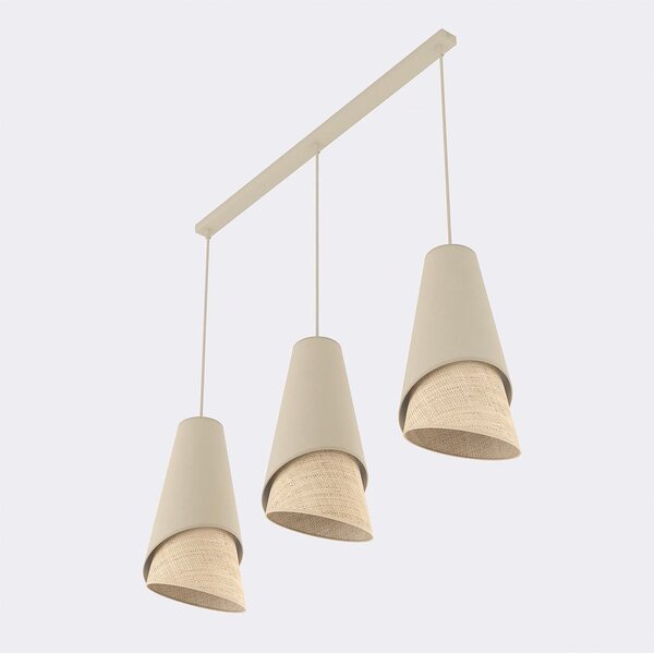 Závěsné svítidlo MODA 3 – černé / ratanové, textilní stínidla, 3× E27, šířka 95 cm