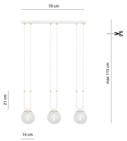 Závěsné svítidlo GLAM 3 – bílé, čiré sklo, 3× E14, šířka 70 cm
