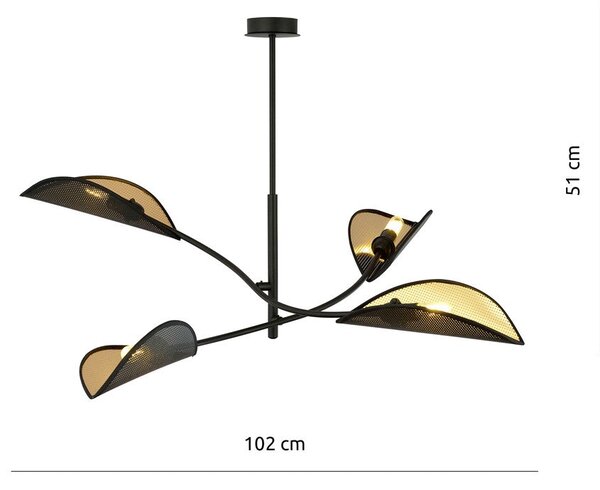 Stropní svítidlo LOTUS 4 – černé, zlatá textilní stínidla, 4× E14, šířka 102 cm