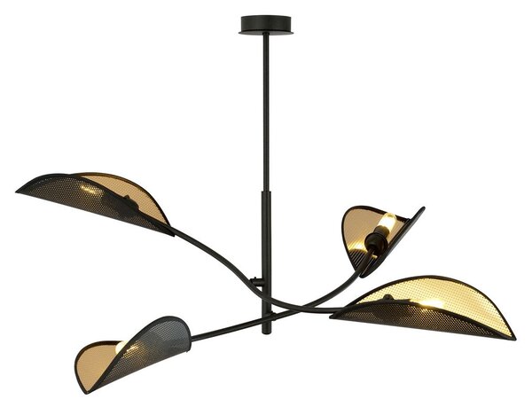 Stropní svítidlo LOTUS 4 – černé, zlatá textilní stínidla, 4× E14, šířka 102 cm
