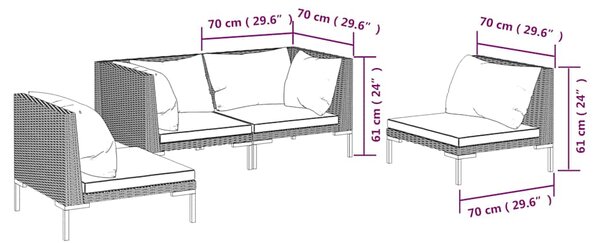 4dílná zahradní sedací souprava a podušky polyratan tmavě šedá 3099818