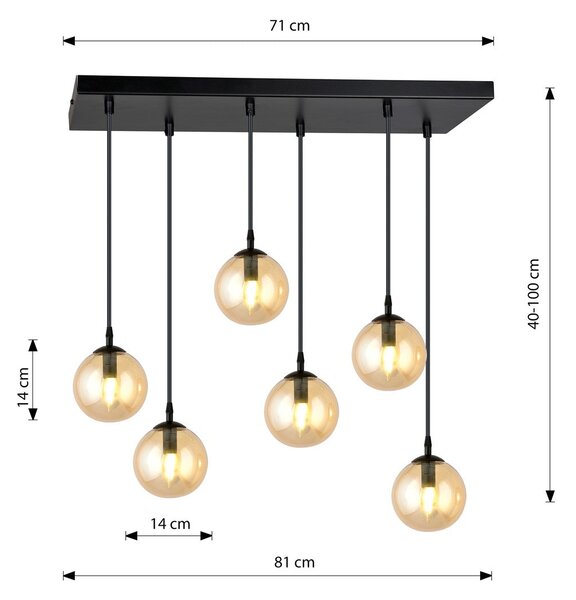 Závěsné svítidlo COSMO 6 – černé, jantarové sklo, 6× E14, šířka 81 cm