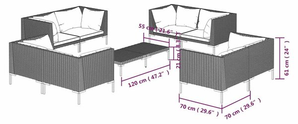 9dílná zahradní sedací souprava a podušky polyratan tmavě šedá 3099809