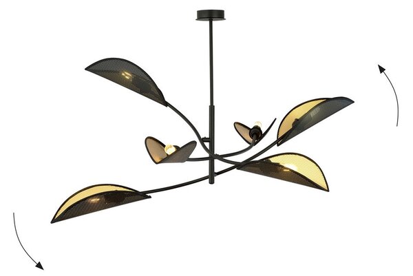 Stropní svítidlo LOTUS 6 – černé, zlatá textilní stínidla, 6× E14, šířka 102 cm
