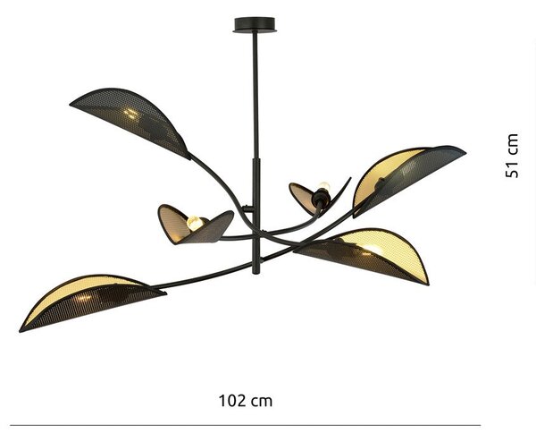 Stropní svítidlo LOTUS 6 – černé, zlatá textilní stínidla, 6× E14, šířka 102 cm