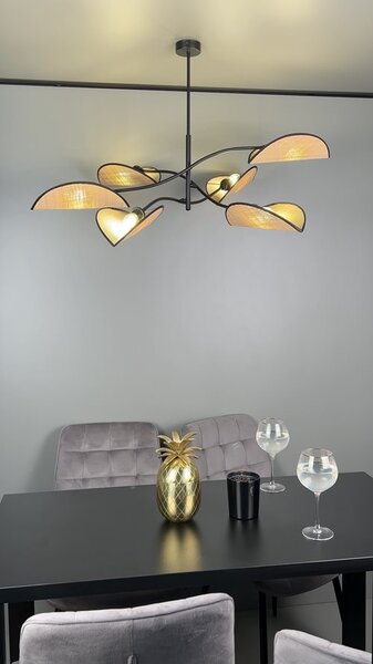 Stropní svítidlo LOTUS 6 – černé, hnědá textilní stínidla, 6× E14, šířka 102 cm